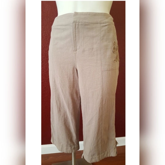 Soft Surroundings Soutache Cropped Capri Cuffed Gauze Pants Tan Size PL New - Picture 4 of 6